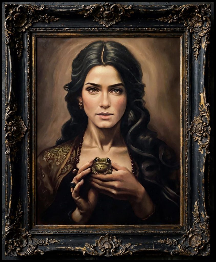 Quadro a pastelli a olio di Mary Sibley da Salem con il rospo famiglio, opera gotica originale di Thalita Tonon