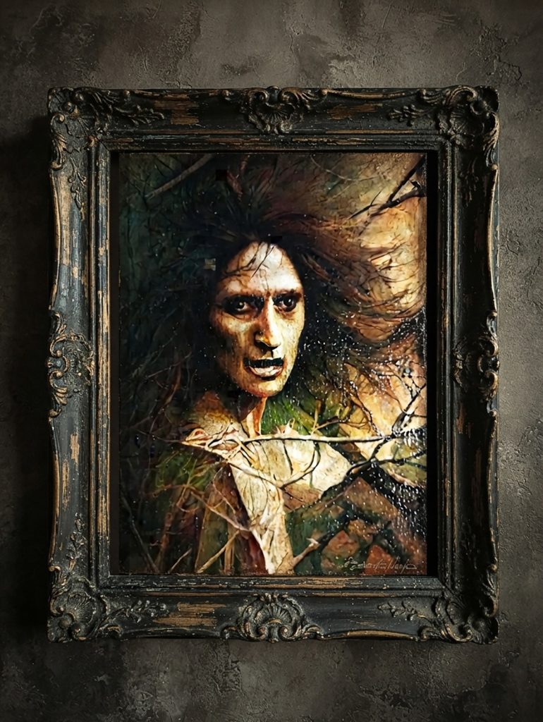 Quadro a pastelli a olio di Elly Kedward, il vero volto della Strega di Blair Witch Project, di Thalita Tonon Elly Kedward. The true face of the Blair Witch. Non è decorazione. È una presenza.
