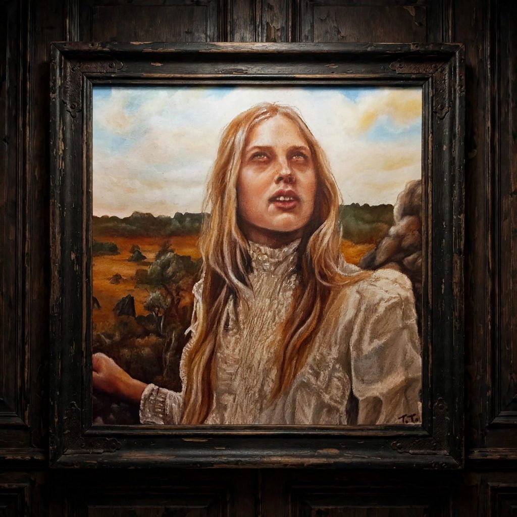 Quadro a pastelli a olio di Miranda di Picnic at Hanging Rock, ritratto etereo e gotico di Thalita Tonon ArtWorkSottoSopra Miranda - Picnic at Hanging Rock. Svanita tra le rocce. Mai dimenticata.