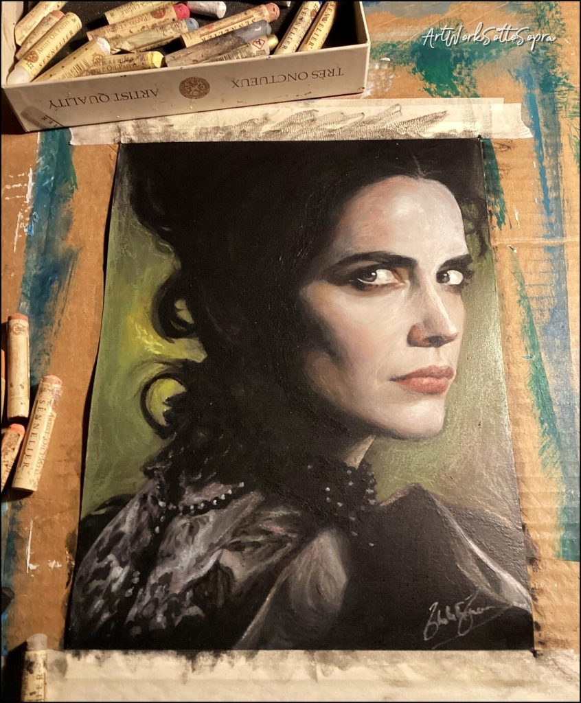 Vanessa Ives Penny Dreadful con pastelli a olio Sennelier sul tavolo da lavoro, dietro le quinte di Thalita Tonon
