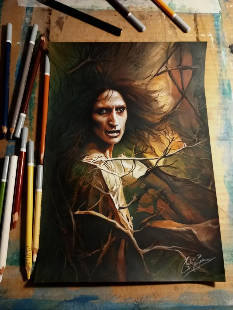 Work in progress di Elly Kedward Blair Witch Project, foto di lavorazione del quadro a pastelli a olio di Thalita Tonon