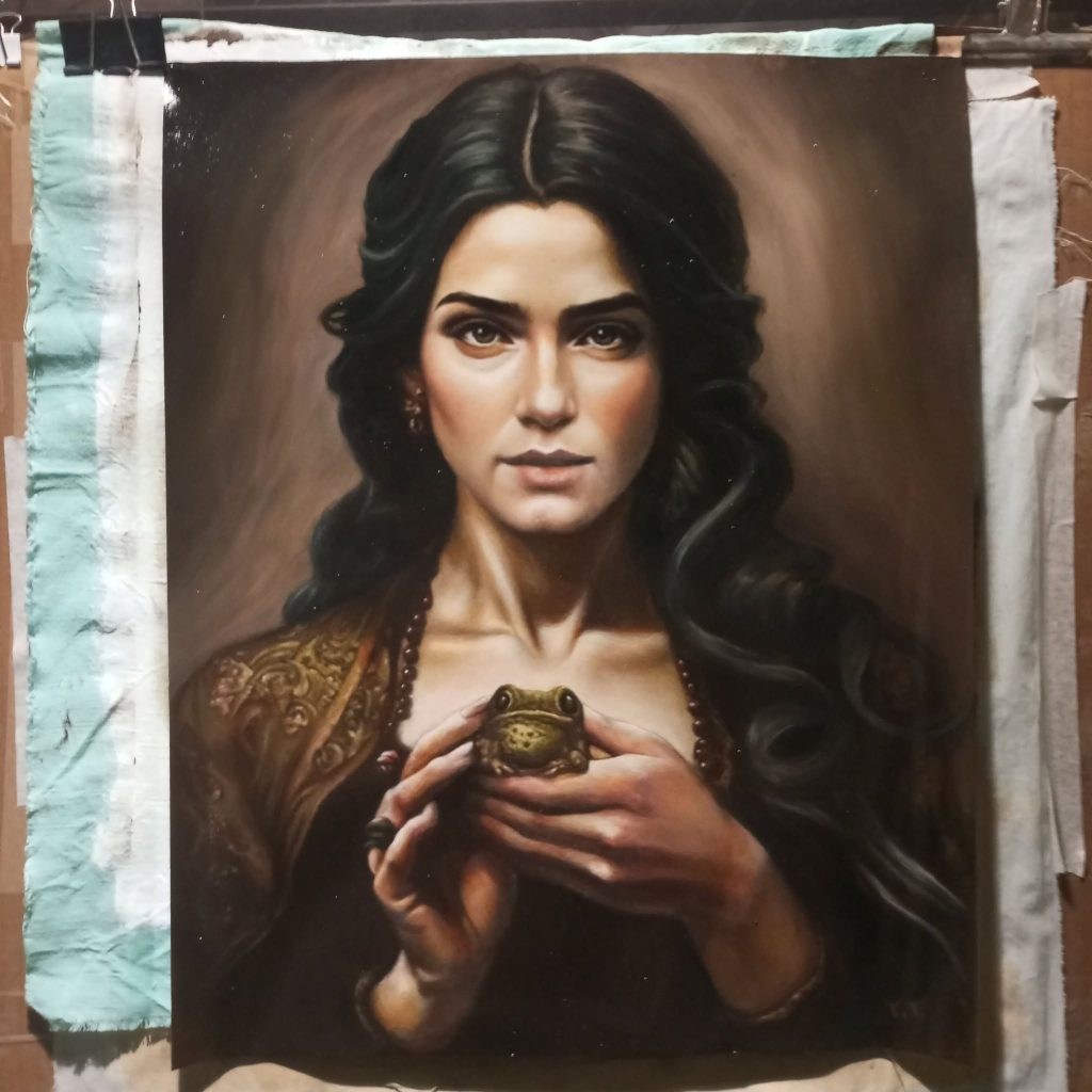 Mary Sibley Salem appena finita, quadro a pastelli a olio ancora fresco sul tavolo da lavoro di Thalita Tonon