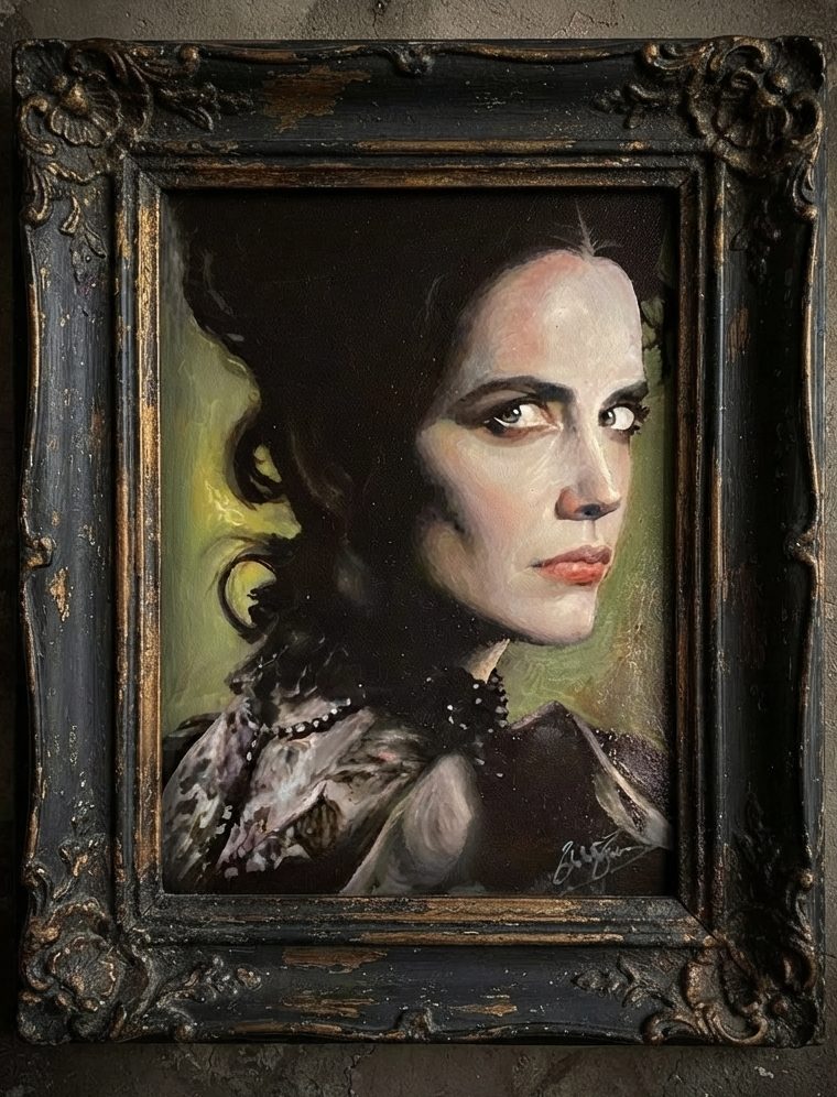 Ritratto Vanessa Ives con cornice barocca nera e oro antichizzata stile Haunted Art gotico di Thalita Tonon Ritratto gotico Vanessa Ives Penny Dreadful con cornice barocca nera oro antichizzata, dipinto Haunted Art di Thalita Tonon