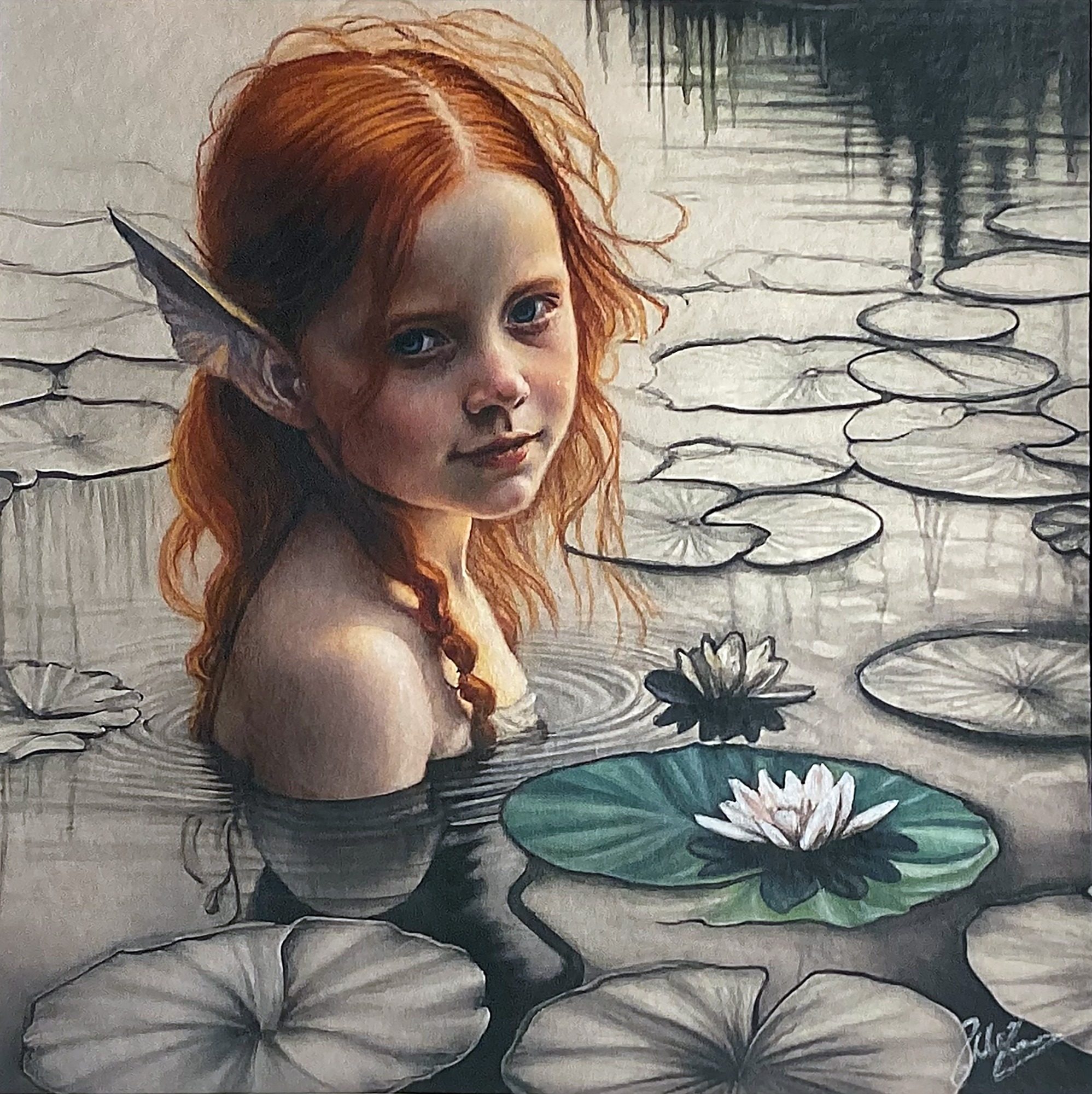 Lochlainn - Dittico Parte Prima | Disegno Originale Incorniciato Lochlainn - Dittico Parte Prima. Disegno originale incorniciato di Thalita Tonon, grafite acquerellabile e pastello. Fata delle ninfee dai c
