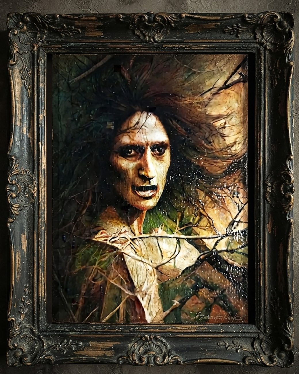 The Blair Witch Painting - Original Horror Art Inspired by Blair Witch Project | ArtWorkSottoSopra Original Blair Witch inspired painting by Thalita Tonon. Haunted forest with stick figures symbols. One of a kind horror portrait handmade i
