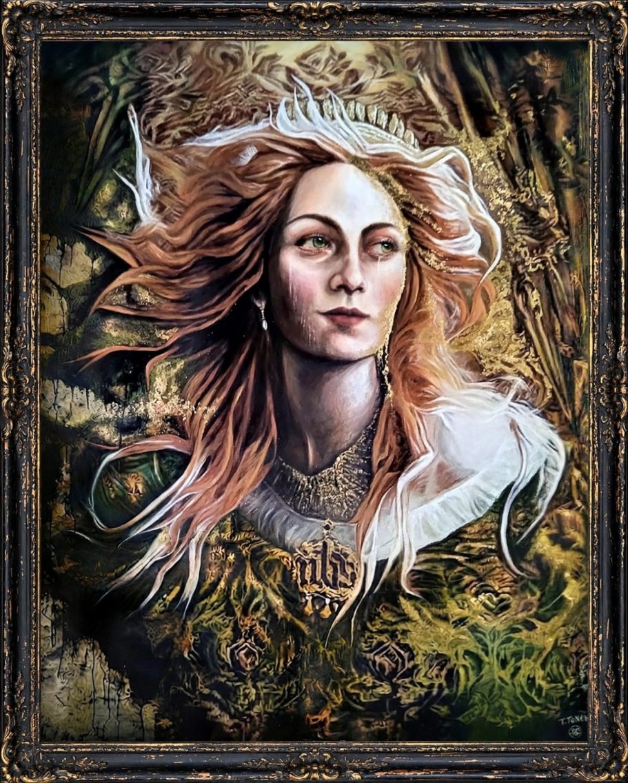 Jane Seymour Incorniciata - Acrilico e Foglia Oro Cornice Barocca Dipinto incorniciato di Jane Seymour, regina Tudor, in acrilico e foglia oro su tela con cornice nera e oro in stile barocco, opera di Thali