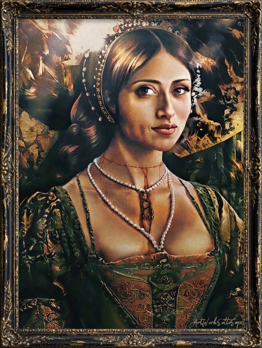 My neck is very slender - Anna Bolena Incorniciata | T. Tonon My neck is very slender - Ritratto di Anna Bolena incorniciato di Thalita Tonon. Acrilico e foglia oro, cornice barocca. Ritratto Tudor cont