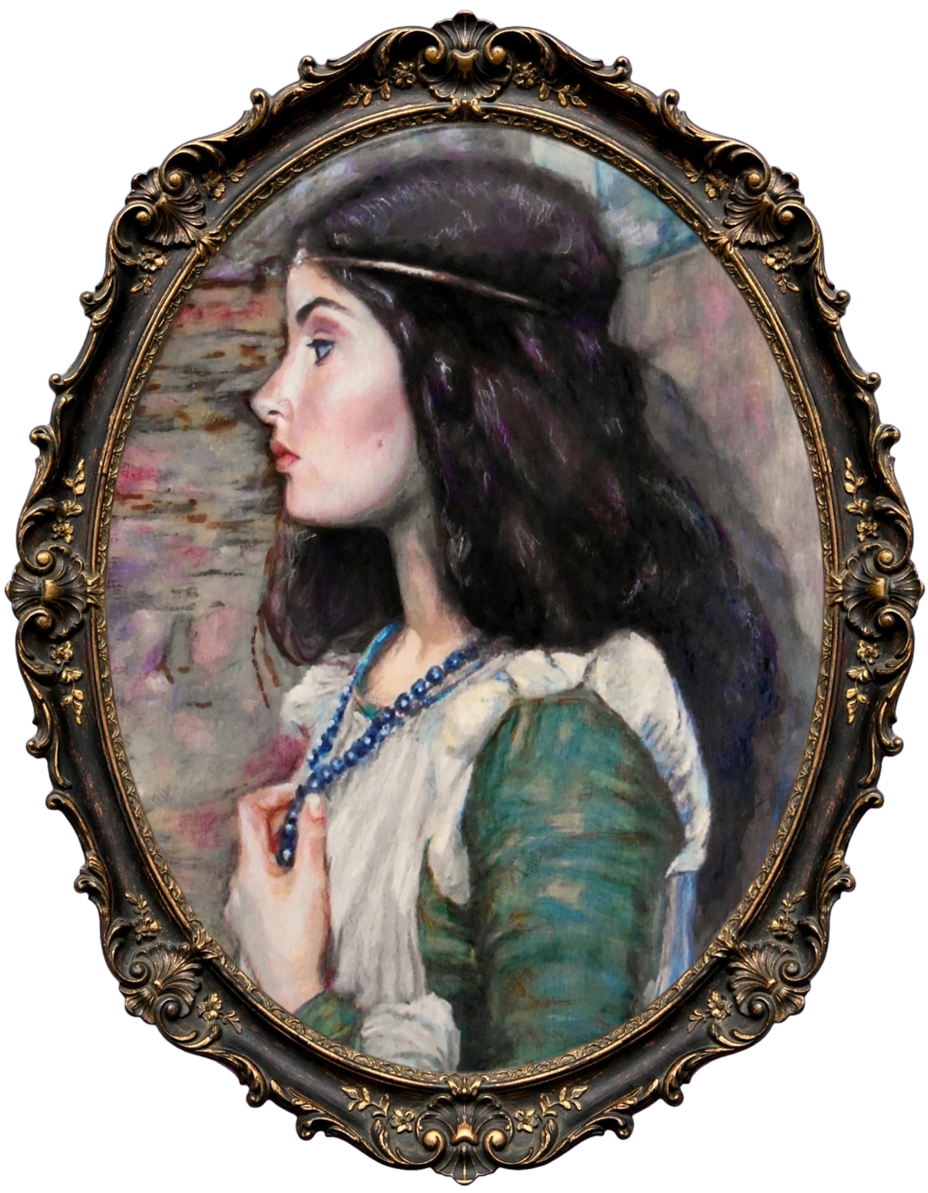 Ritratto Preraffaellita Personalizzato | Ilaria - Dipinto a Mano da Foto Ritratto in stile preraffaellita personalizzato dipinto a mano. Ilaria con collana blu, ispirato a Waterhouse. Creo il tuo ritratto preraffa