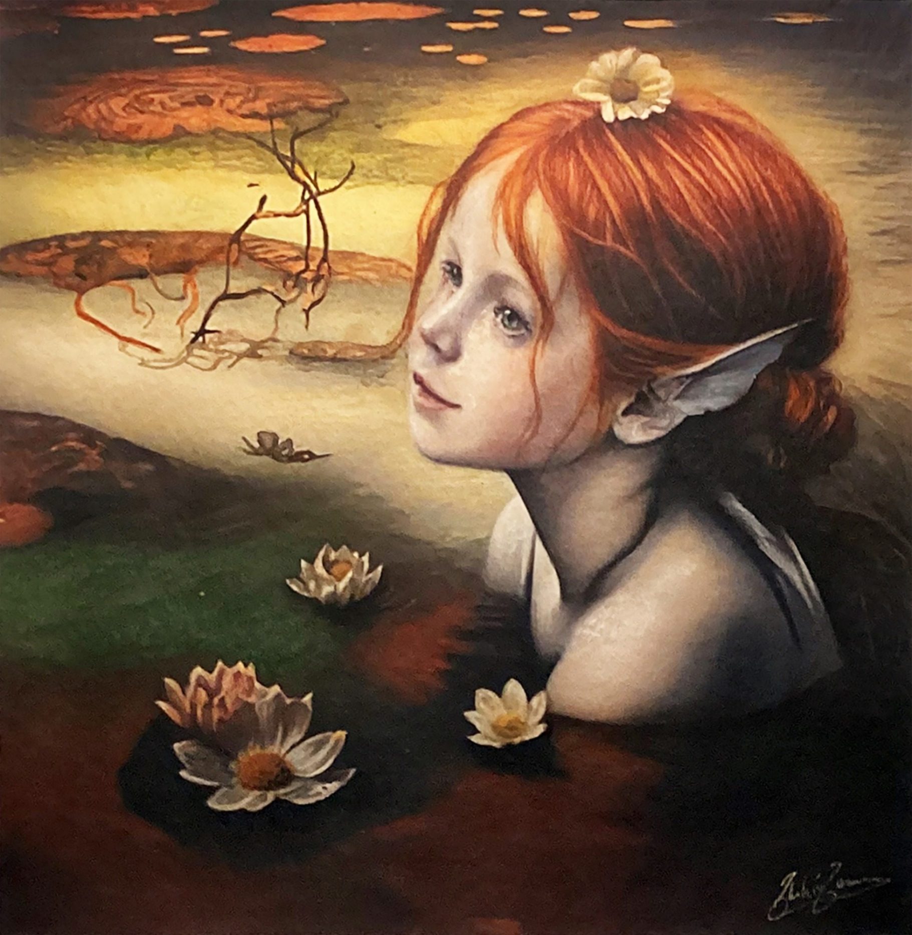 Fáilte - Dittico Parte Seconda | Disegno Originale Acquerello Fáilte - Dittico Parte Seconda. Disegno originale incorniciato di Thalita Tonon, acquerello e pastello. Fata celtica al tramonto tra ninfee.