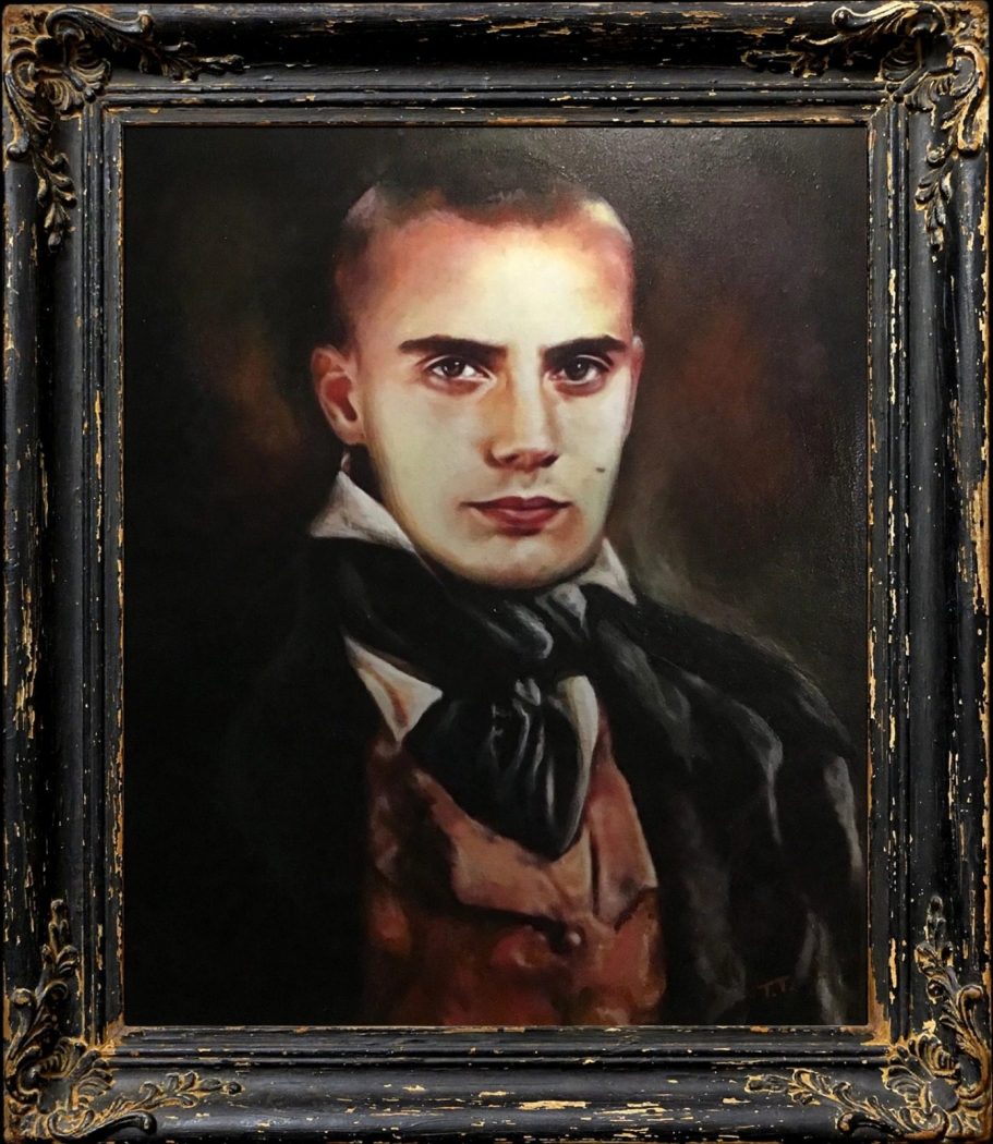 Ritratto Uomo Dandy Vittoriano con Gilet Rosso - Dipinto a Olio su Tela Ritratto dipinto a mano a olio di uomo in stile dandy vittoriano con cravatta nera e gilet rosso, cornice barocca nera vintage - ritratto pe