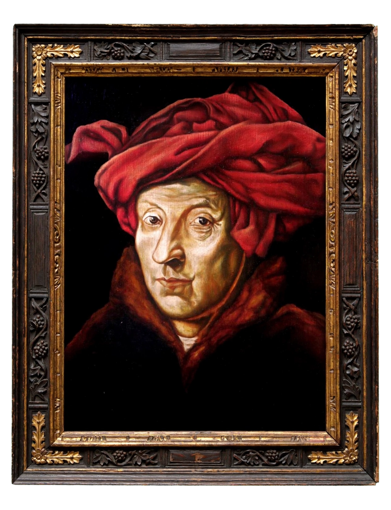 Ritratto Personalizzato Stile Fiammingo - Il Nonno Omaggio a Van Eyck | ArtWork SottoSopra Ritratto acrilico personalizzato di un uomo anziano con turbante rosso, dipinto in stile fiammingo ispirato a Jan van Eyck da Thalita Tonon